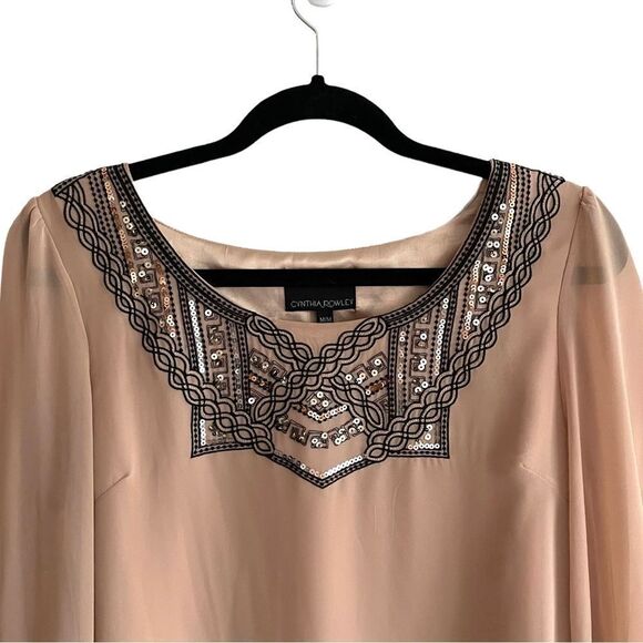 CYNTHIA ROWLEY Blouse Embellished Embroidery Beading Nude M - Picture 2 of 8